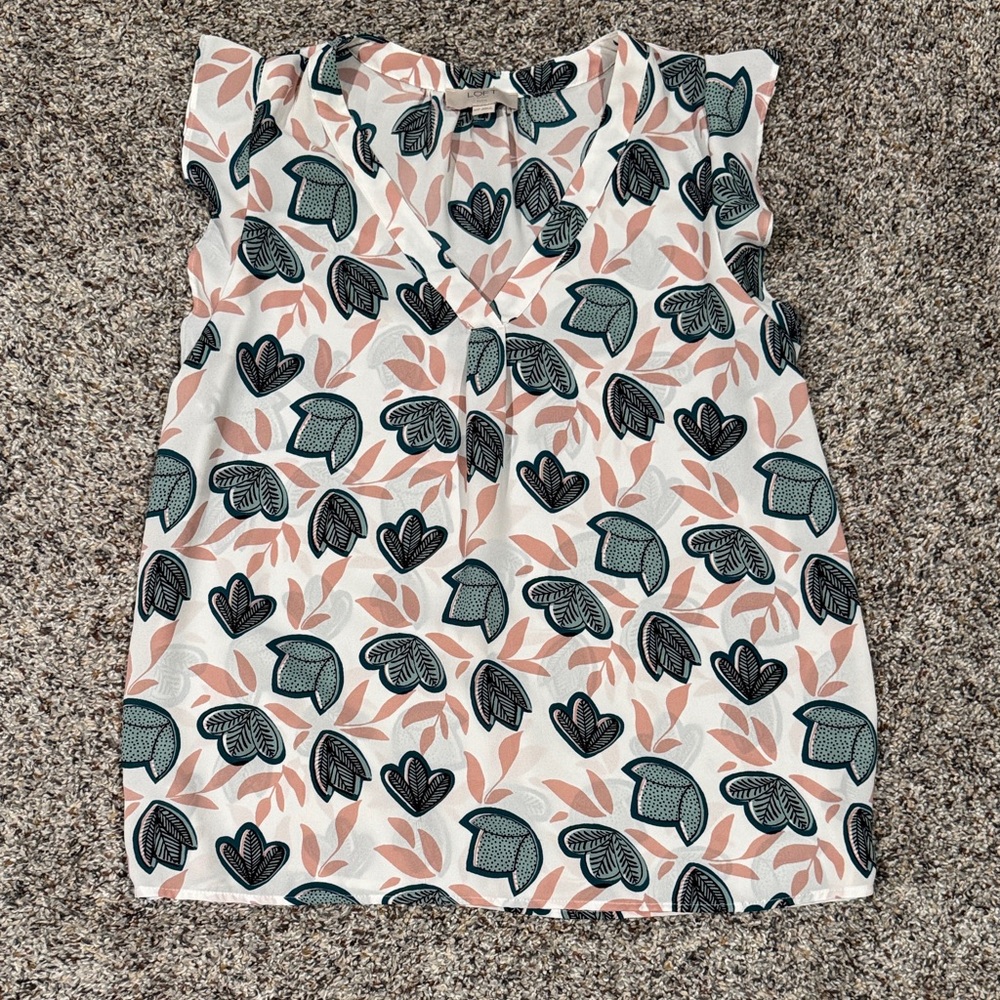 LOFT Women’s Floral V-Neck Flutter Sleeve Top - White, Pink & Teal - Picture 2 of 8